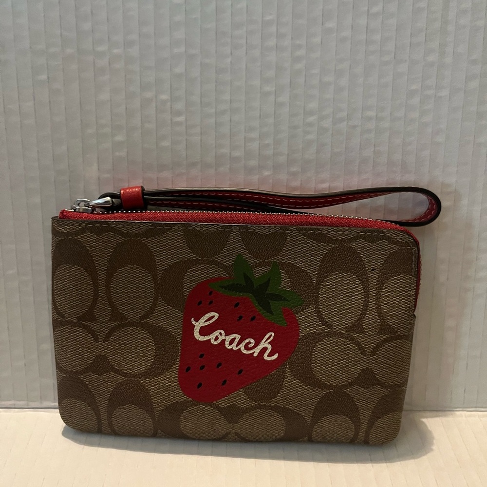 Coach Brown Wristlet with Strawberry Design